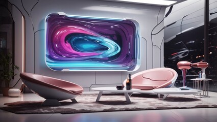 A futuristic living room with a large hot tub and two lounge chairs.


