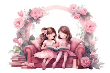 Cute girls reading a book in a pink armchair with flowers.