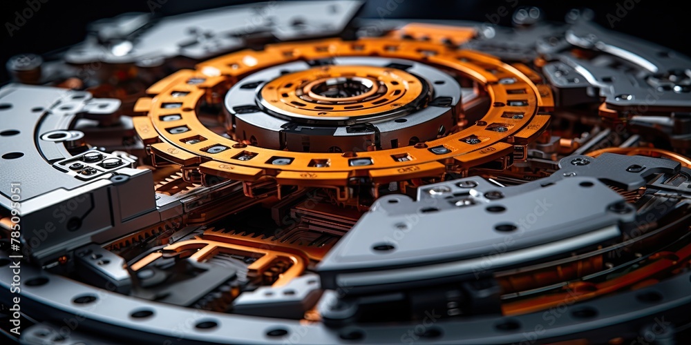 Poster close-up of a watch with lots of gears and large surfaces. the watch is made of metal and has a vint