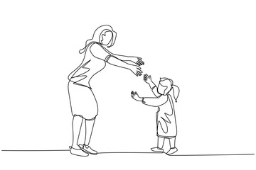 A single continuous line, illustrating	A young woman and a girl walk face to face while preparing to hug. both hands reached out to each other. young woman with long hair. girl with long hair in pigta
