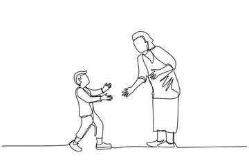 A single continuous line, illustrating	An old woman and a boy walk face to face while preparing to embrace. the old woman held out her hand. the boy welcomes by sticking out his hand. a grandmother's 