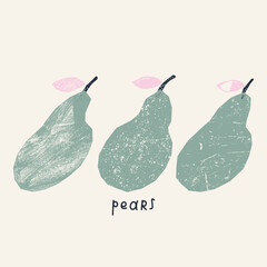 Stylish illustration with textured pears. Vector print with fruits, postcard, design 