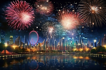 Fototapeta premium Generative ai on theme festive brightly fireworks on twilight background high in dark sky