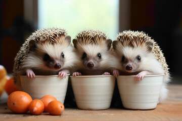Playful hedgehog babies enjoying their milk in a feeder, contrasting against a pure white background. - obrazy, fototapety, plakaty