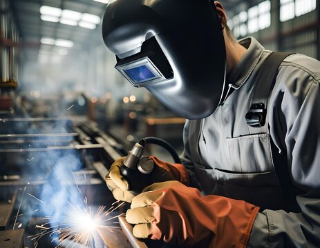 A welder wearing safety goggles welding at work.