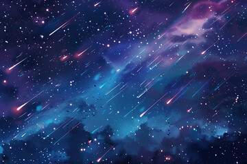 Generative ai on theme of beautiful starfall in sky, bright meteorites glow in atmosphere - obrazy, fototapety, plakaty