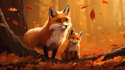 Playful family of red foxes frolicking among autumn leaves, their fiery fur contrasting with the earthy tones of the forest floor.