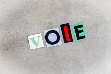 South Africa’s National elections coming up.
The word vote in magazine cuttings on mottled grey
