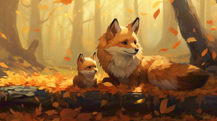 Playful family of red foxes frolicking among autumn leaves, their fiery fur contrasting with the earthy tones of the forest floor. - obrazy, fototapety, plakaty