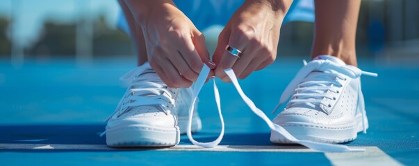 Sportsman tying laces on white tennis shoes on court. Active lifestyle and tennis training concept - obrazy, fototapety, plakaty