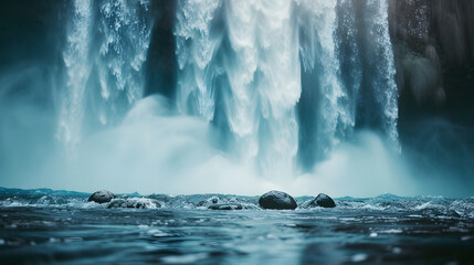 Low angle shot of waterfall from below with blue sky and rainbow