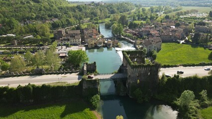 Beautiful panoramic aerial view of the mill village of Borghetto sul Mincio in the south of Lake...