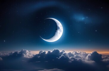 Obraz na płótnie Canvas A serene night sky with a luminous crescent moon surrounded by glittering stars and soft clouds