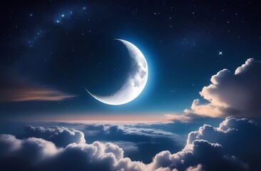 Obraz na płótnie Canvas A serene night sky with a luminous crescent moon surrounded by glittering stars and soft clouds