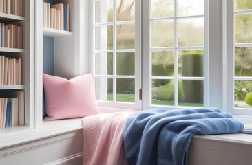 Stylish interior in delicate colors. Sofa with cushions against the background of a large window. Light design of the room.