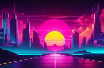 Rolgordijnen Retro cyberpunk style landscape background banner or wallpaper. Bright neon pink and yellow colors © Ana River