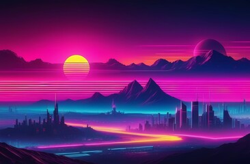 Retro cyberpunk style landscape background banner or wallpaper. Bright neon pink and yellow colors