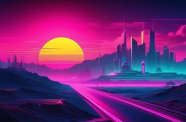 Retro cyberpunk style landscape background banner or wallpaper. Bright neon pink and yellow colors