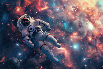 Generative ai on theme of astronaut flying in zero gravity against starry sky in deep dark space - obrazy, fototapety, plakaty