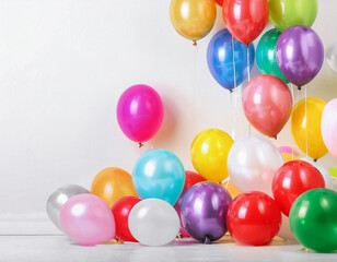 Colorful party balloons on white background. Festive party and Happy birthday decoration
