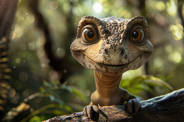 Obraz premium Generative ai on theme of big scary hungry dinosaur with kind eyes and sharp teeth destroying park
