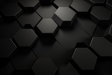 Black dark 3d render background with hexagon pattern - obrazy, fototapety, plakaty