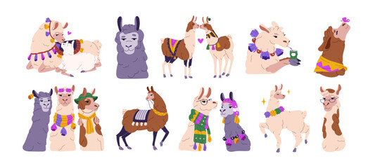 Naklejka premium Llamas set. Different cute alpacas characters. Mother lama and her baby. Fluffy fashion animals in traditional mexican, peru clothes. Funny vicunas kiss. Flat isolated vector illustration on white