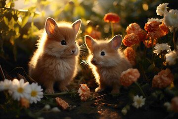 Playful bunnies hopping around a sunlit garden, their fluffy charm and cuteness captured in a delightful, high-quality image. - obrazy, fototapety, plakaty