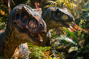 Generative ai on theme of big scary hungry dinosaur with kind eyes and sharp teeth destroying park