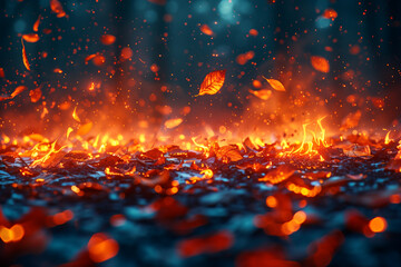 Intense close up of a fiery blaze with burning leaves nature wallpaper background