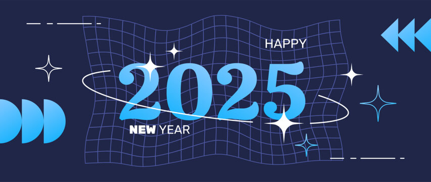 New 2025 year postcard in a retro y2k aesthetic, party banner, greeting, invitation, vector art with graphic shapes, frames and stars.