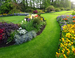 Colorful flowerbeds and winding grass path in an attractive English formal garden 