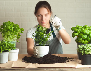 Gardening house. Girl replanting green pasture in home garden. Indoor garden, plant banner 