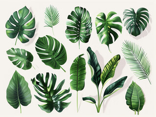 A collection of green tropical leaves with different shapes and textures on a light background. - obrazy, fototapety, plakaty