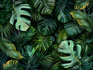  Lush greenery with various tropical leaves interwoven, casting deep shadows on each other.