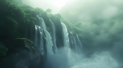 Misty morning shot of waterfall with fog in nature landscape