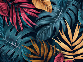 A vibrant array of multicolored tropical leaves overlaid on a dark blue background.