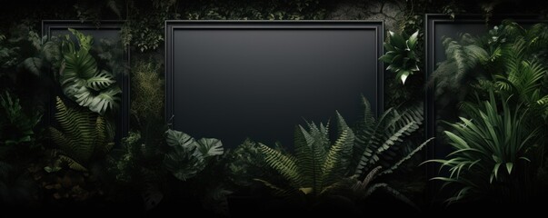 Black frame background, tropical leaves and plants around the black rectangle in the middle of the photo with space for text