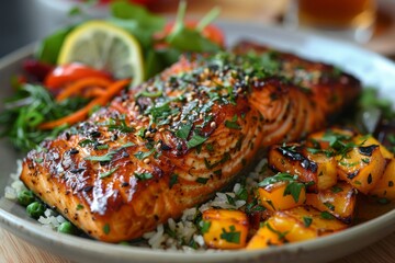 Fried red fish steak with rice and vegetables, healthy and proper nutrition, lunch or dinner