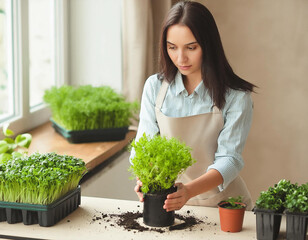 Gardening house. Girl replanting green pasture in home garden. Indoor garden, plant banner 