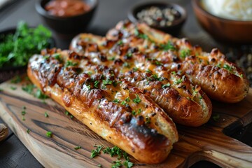 Homemade sausages with cheese and herbs on a wooden board
