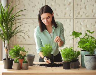 Gardening house. Girl replanting green pasture in home garden. Indoor garden, plant banner 