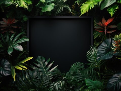 Black frame background, tropical leaves and plants around the black rectangle in the middle of the photo with space for text