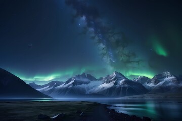 the northern lights in the night sky  and a lake