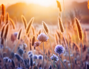Meadow flowers in early sunny fresh morning. Vintage autumn landscape background. 