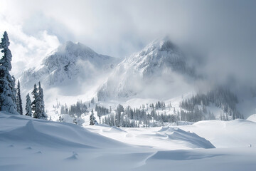 Generative ai on theme of descent of an huge avalanche from the mountain, winter nature landscape