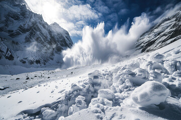 Fototapeta na wymiar Generative ai on theme of descent of an huge avalanche from the mountain, winter nature landscape