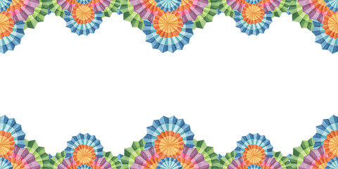 Fototapeta na wymiar Seamless border blue and orange fiesta flowers. Hand drawn watercolor clipart, Mexican paper fans for Cinco de Mayo decoration. Celebration design for banners, paper,packaging, cards, invitation