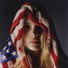 wide angle '90s fashion photography of a blonde model wrapped in a flag