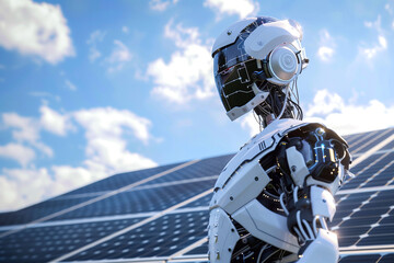 humanoid robot near solar panels - obrazy, fototapety, plakaty